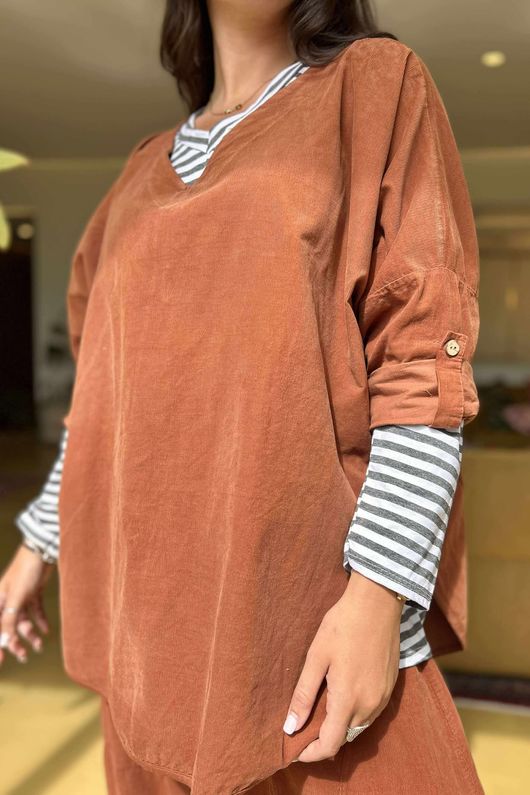 Made in Italy Cooper Needlecord Scoop Dip Back Top Auburn
